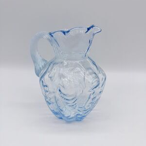 Vintage Fenton Pitcher Creamer Ice Blue Fern Pattern Applied Reed Handle 5.5"